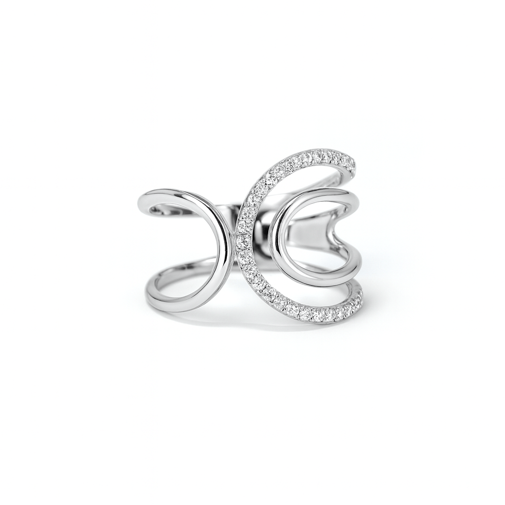 Anello fantasia linee curve e diamanti