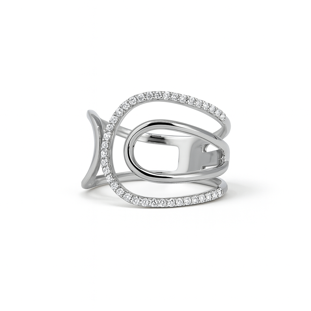 Anello fantasia linee curve e diamanti