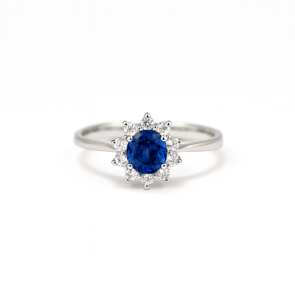 Anello in oro bianco con Zaffiro e diamanti 0,13 ct.
