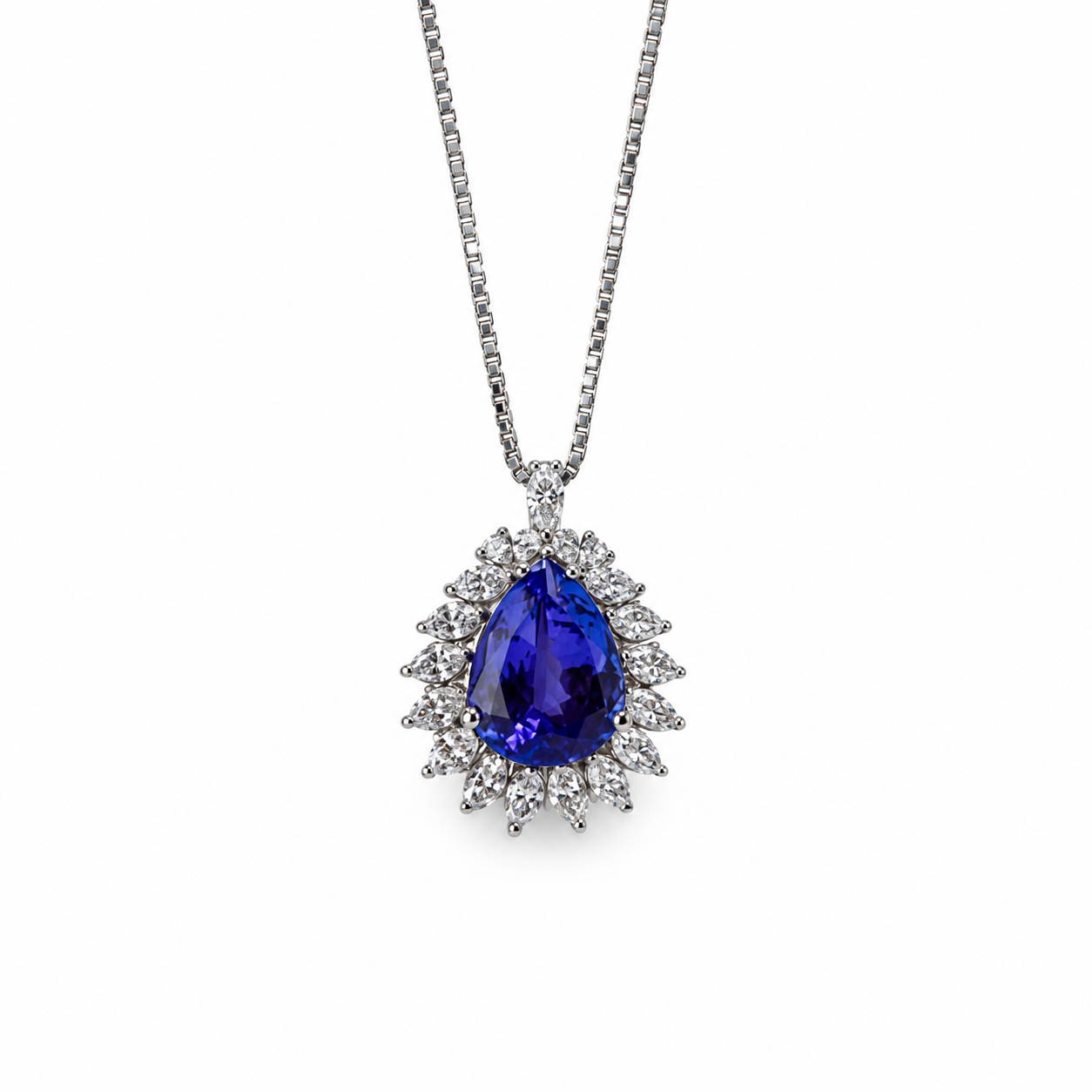 Girocollo in oro bianco con tanzanite a goccia e diamanti