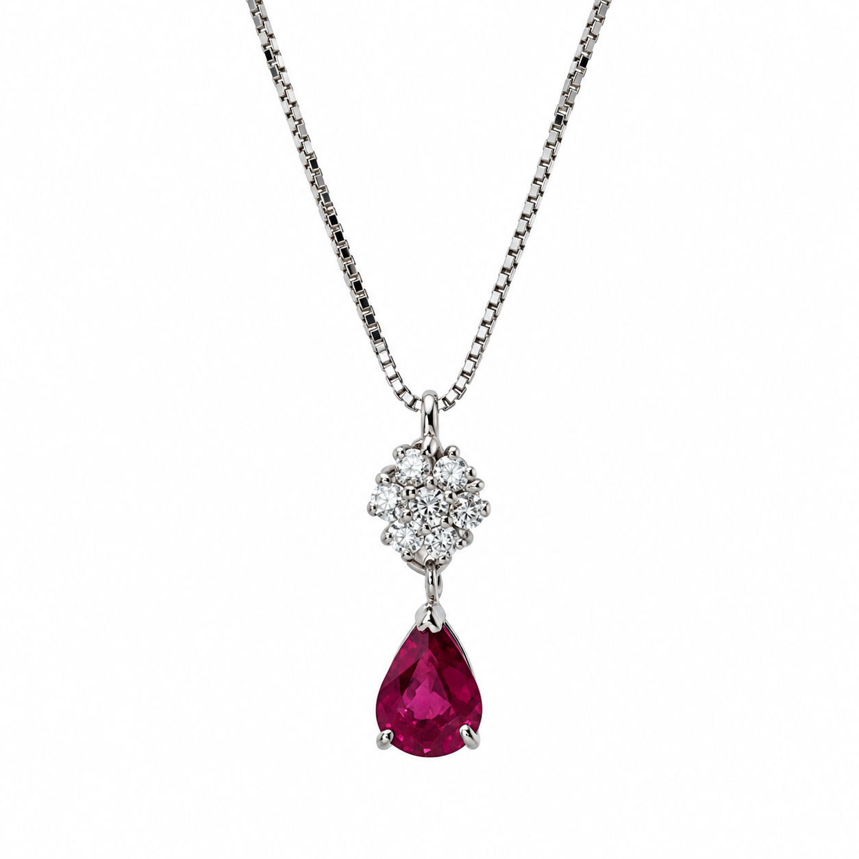 Girocollo oro bianco con rubino goccia 1,17 ct e fiore di diamanti
